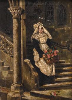 Hausmädchen mit einem Korb mit Blumen in einem prachtvollen Treppenaufgang - Emil Ebner