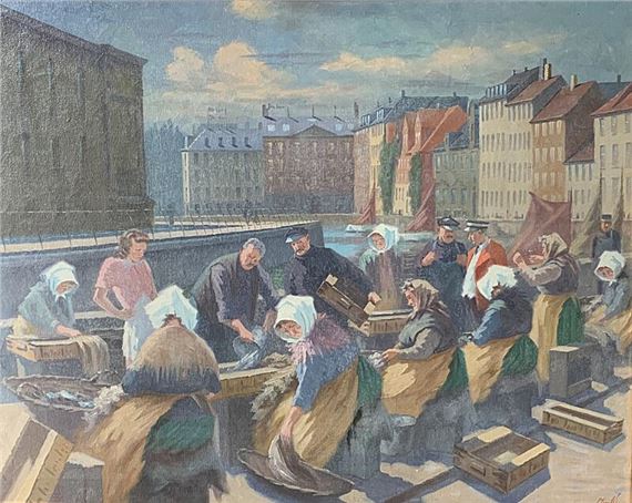 Fishermens' wives and shoppers at Gl. Strand, Copenhagen by Christian Mortensen