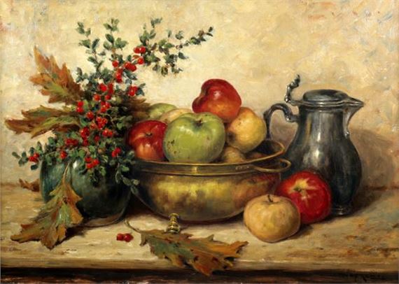 Martinus Jacobus Nefkens, Hedikhuizen 1866-1941 Ede, Stilleven met tinnen kan en koperen pot met fruit, olieverf op doek, 50 x 70 cm. by Martinus Jacobus Nefkens