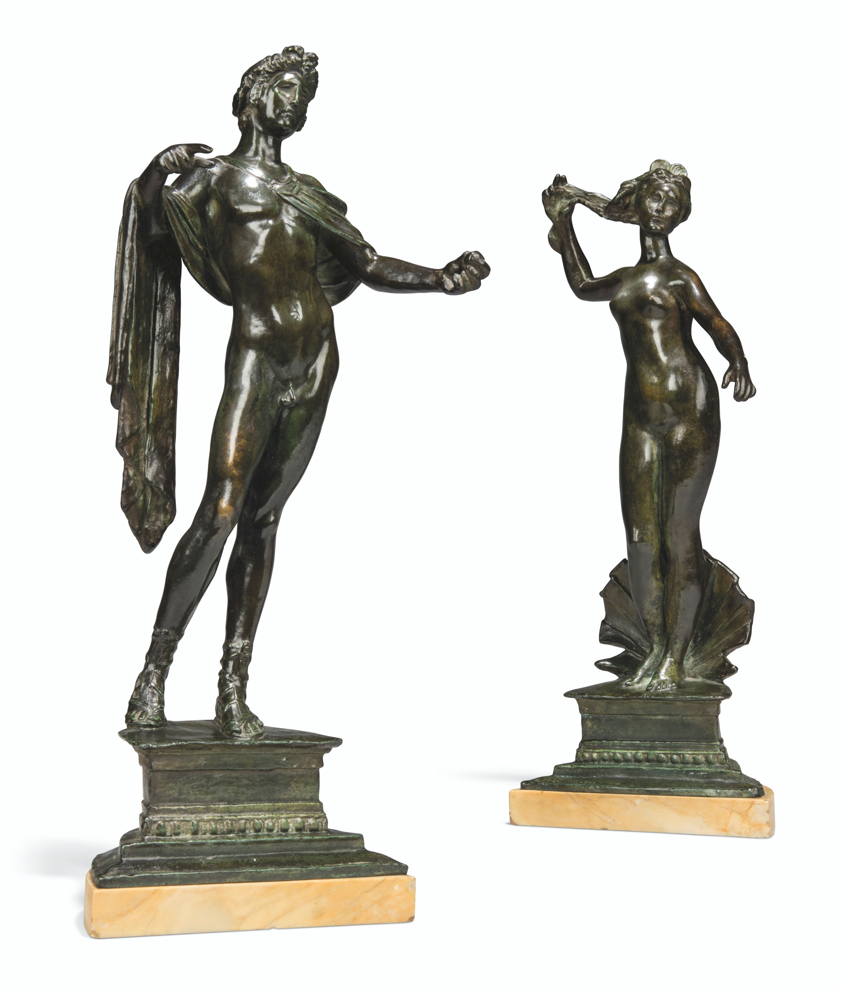 Artwork by Francis Derwent Wood, Venus and Apollo, Made of marble plinthbronze, green brown patina
