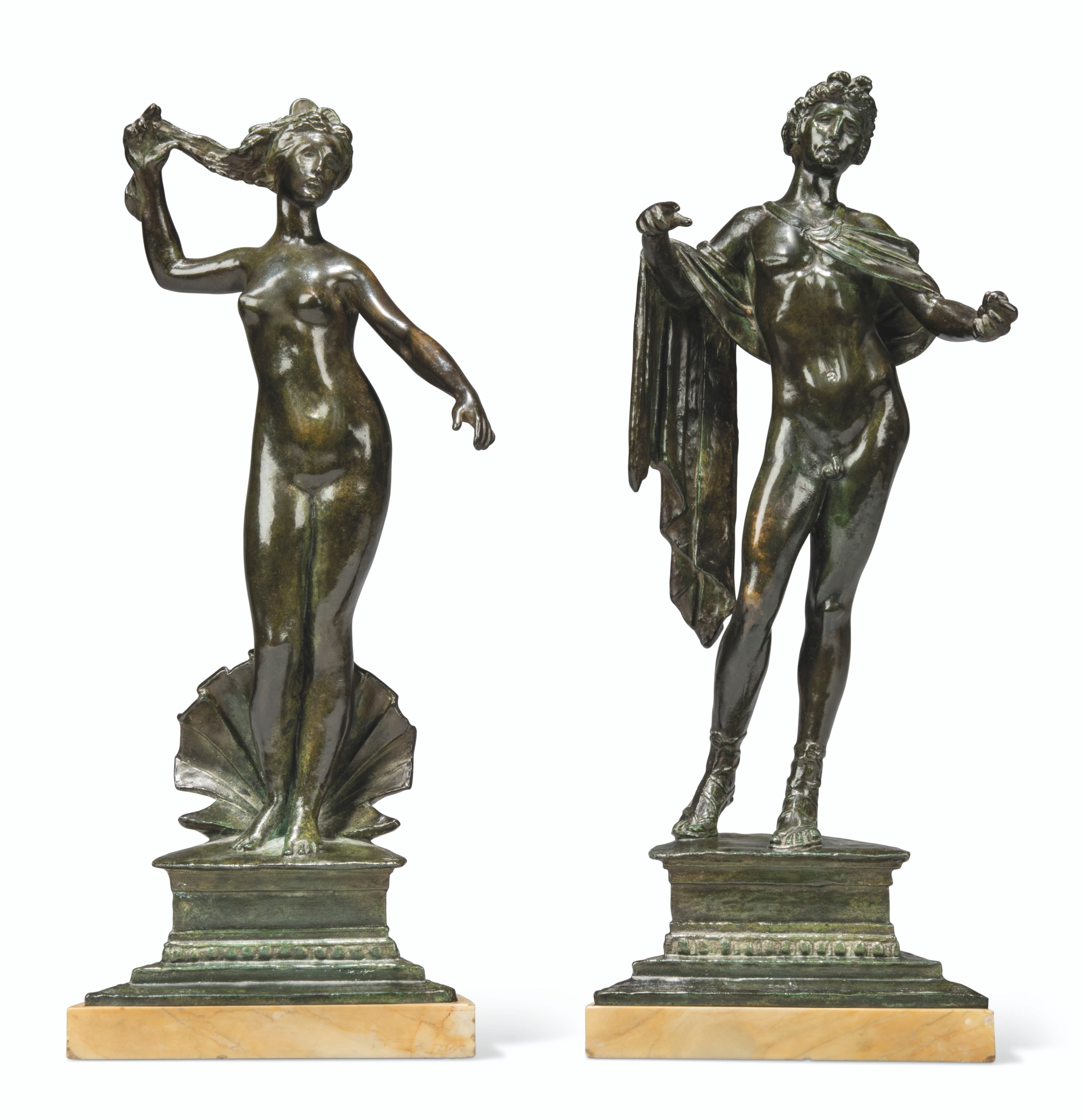 Artwork by Francis Derwent Wood, Venus and Apollo, Made of marble plinthbronze, green brown patina