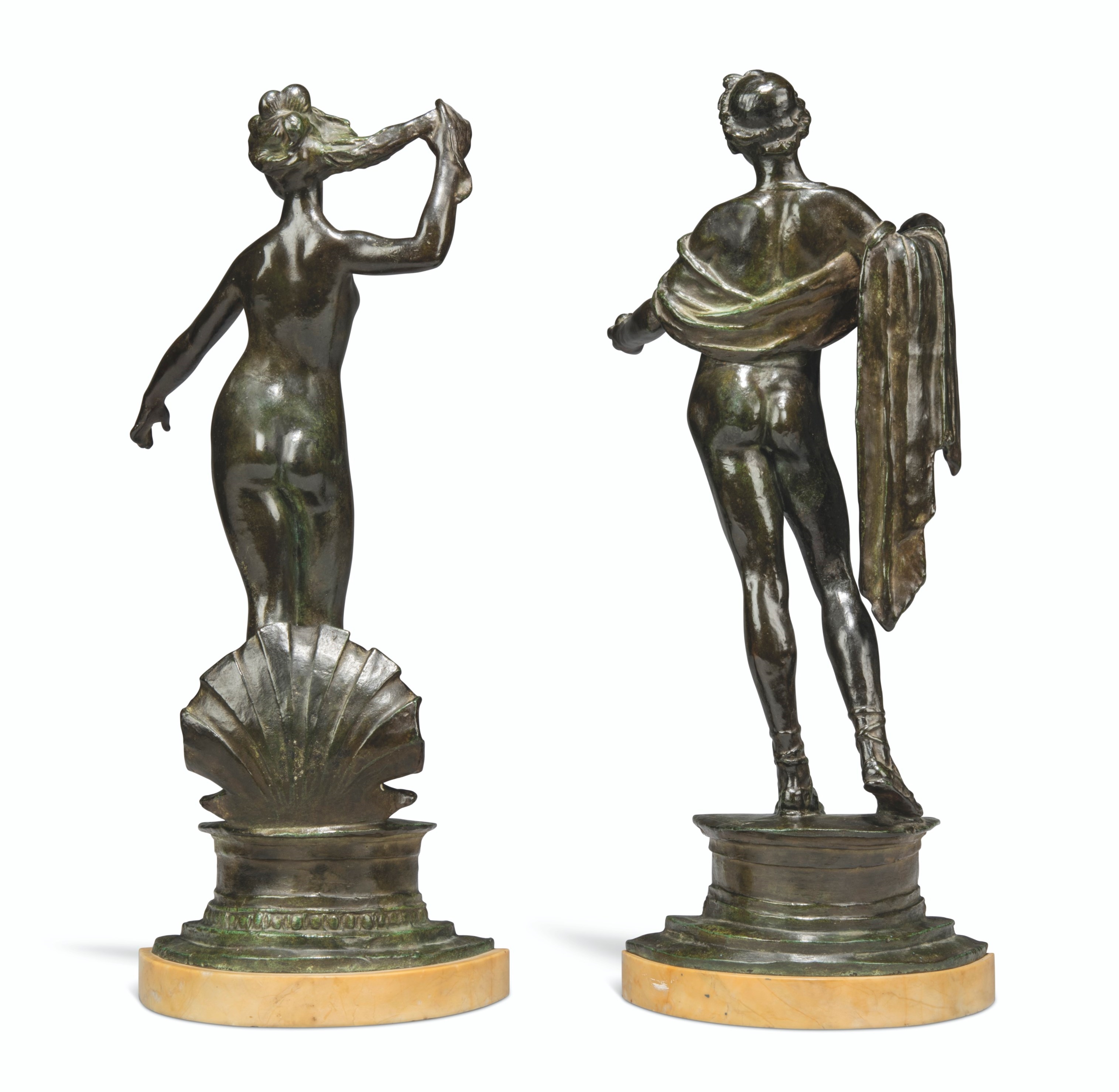Artwork by Francis Derwent Wood, Venus and Apollo, Made of marble plinthbronze, green brown patina