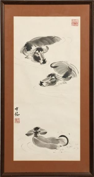 Three swimming buffalo by Liang Zhongming