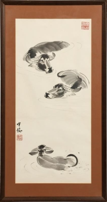 Artwork by Liang Zhongming, Three swimming buffalo, Made of ink painting on paper
