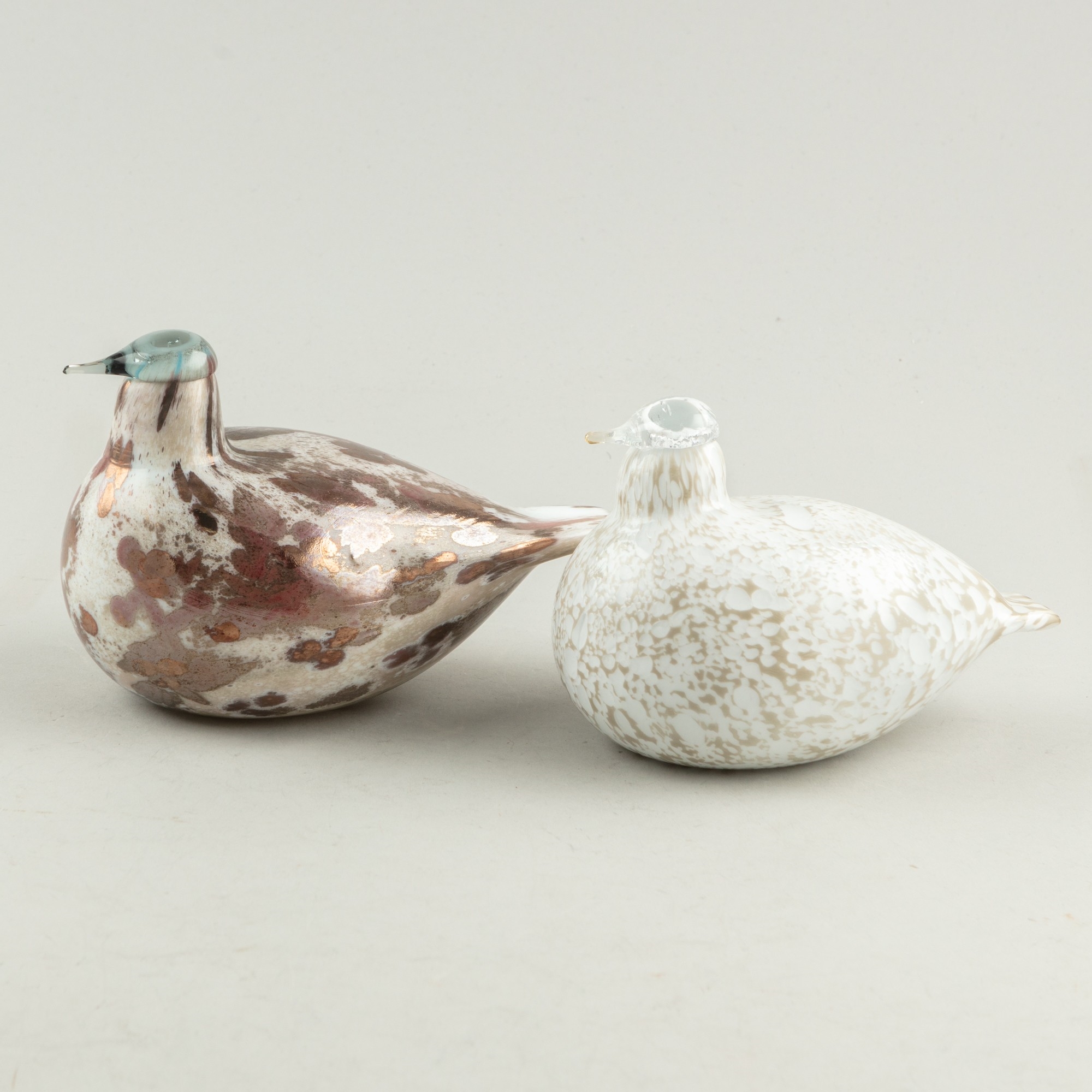 Artwork by Oiva Toikka, Glass birds, Cucunor and Riekko, Nuutajärvi, Made of polychrome glass