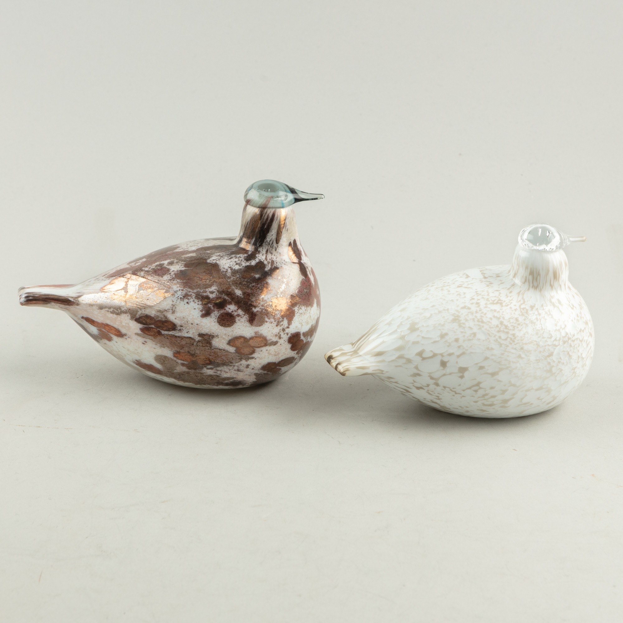 Artwork by Oiva Toikka, Glass birds, Cucunor and Riekko, Nuutajärvi, Made of polychrome glass