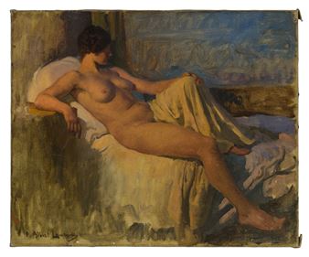 A nude figure reclines on a bed in an impressionistic painting with warm earth tones and visible brushstrokes.