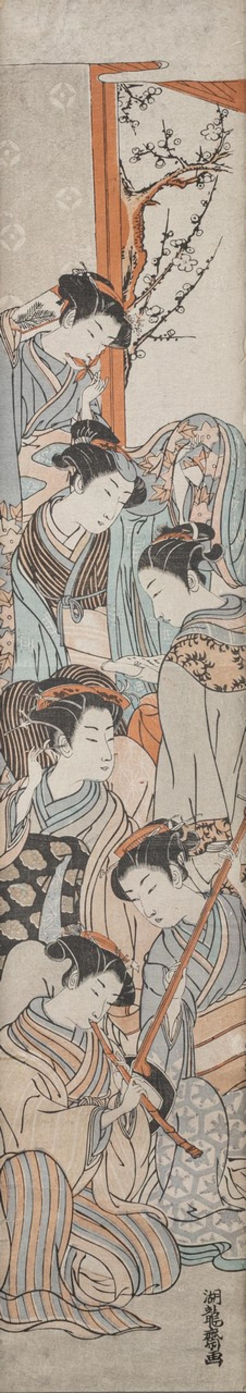 Isoda Koryusai | a colour woodblock print of courtesans playing musical ...