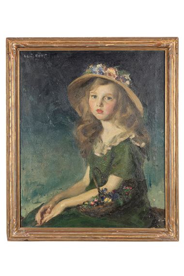 Portrait painting of a young girl with flower basket by Louis Betts