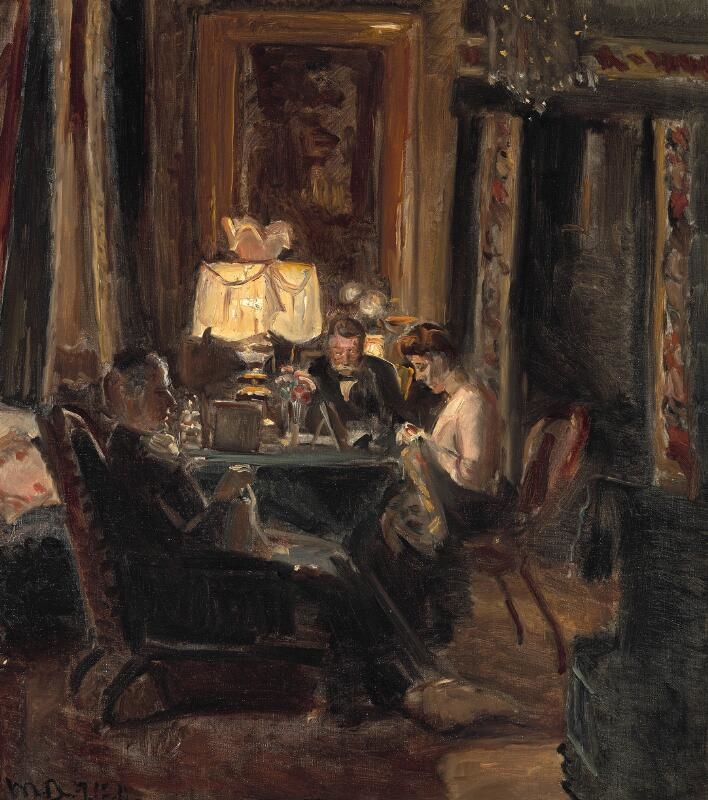 Interior from the living room at Kruuseminde with the Bech family at a table in lamp light by Michael Peter Ancher, 1912