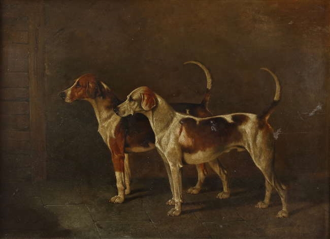 Artwork by A. Wheeler, Two hounds, Made of oil on board