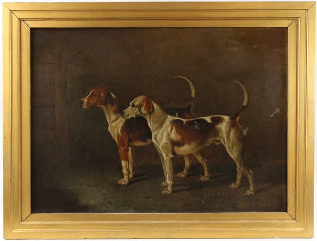Artwork by A. Wheeler, Two hounds, Made of oil on board