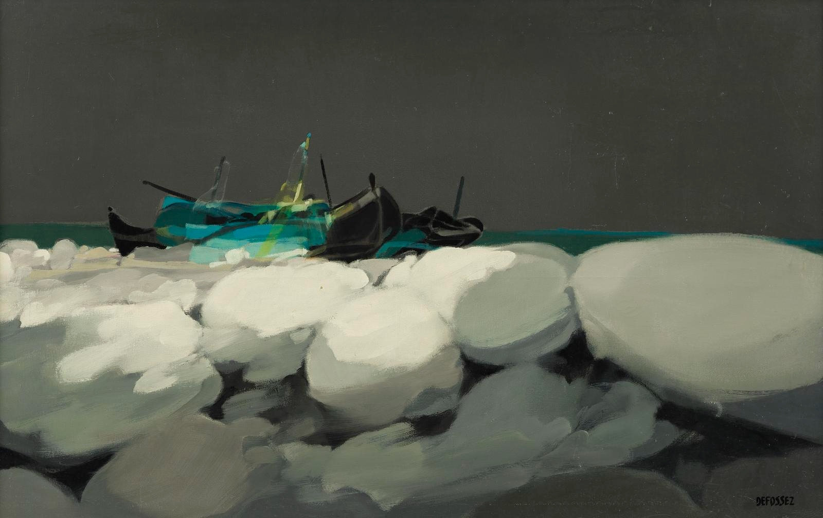 Artwork by Alfred Defossez, Bateaux et rochers, Made of oil on canvas