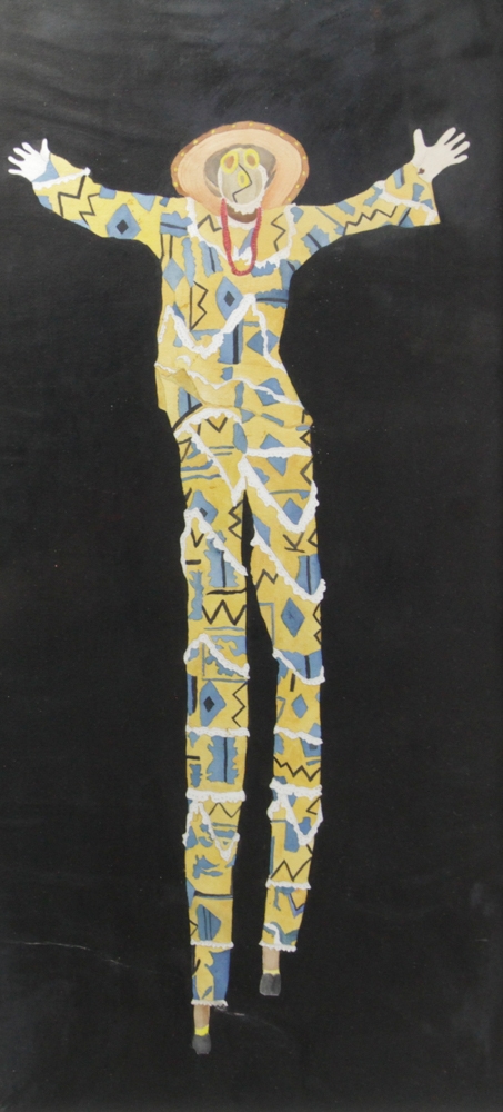 Artwork by Joan Darooge, watecolor of a suited man on stilts