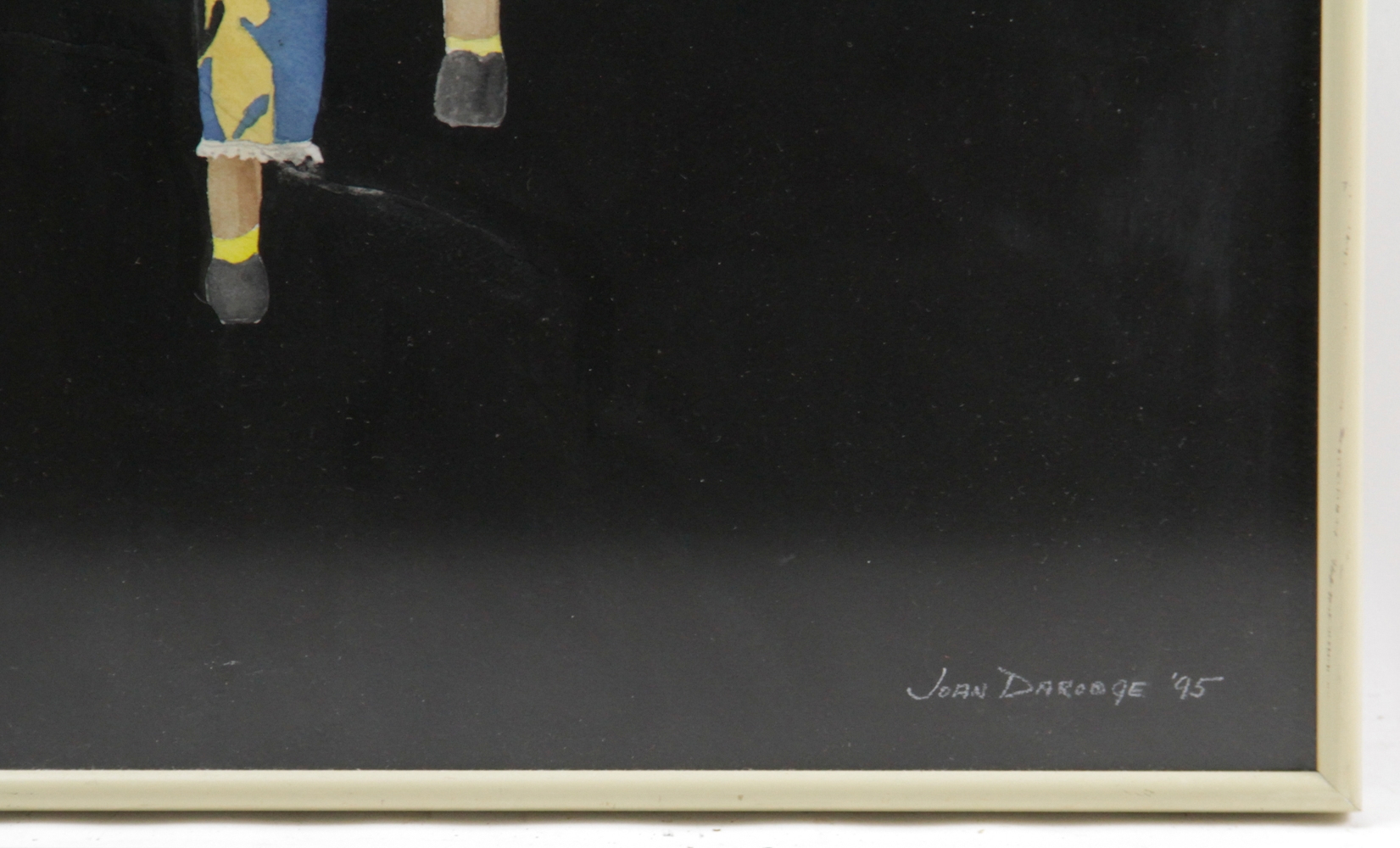 Artwork by Joan Darooge, watecolor of a suited man on stilts