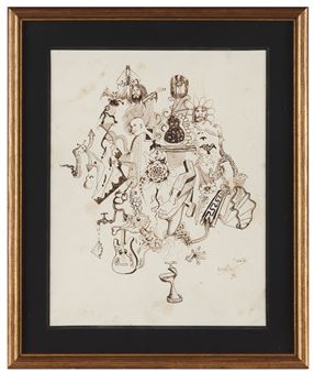 A dense ink drawing filled with eclectic symbols and figures arranged in a chaotic cluster.