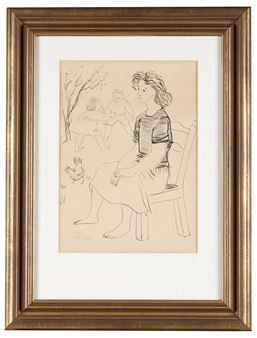 A monochrome sketch of a seated woman observing two children playing in the background.