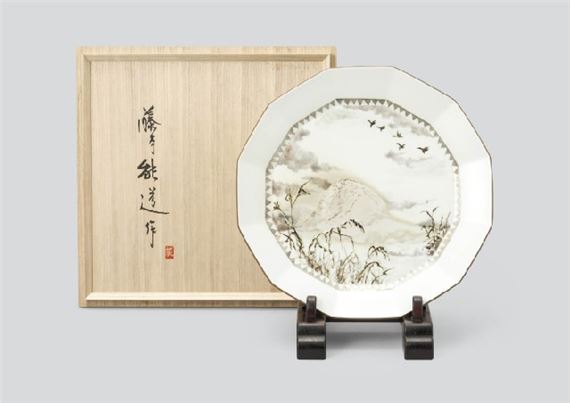 Plate in white glaze and silver paintings by Yoshimichi Fujimoto