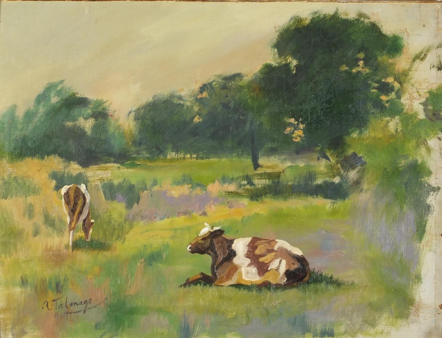 Artwork by A. Talmage, Cows grazing, Made of oil on canvas laid on board