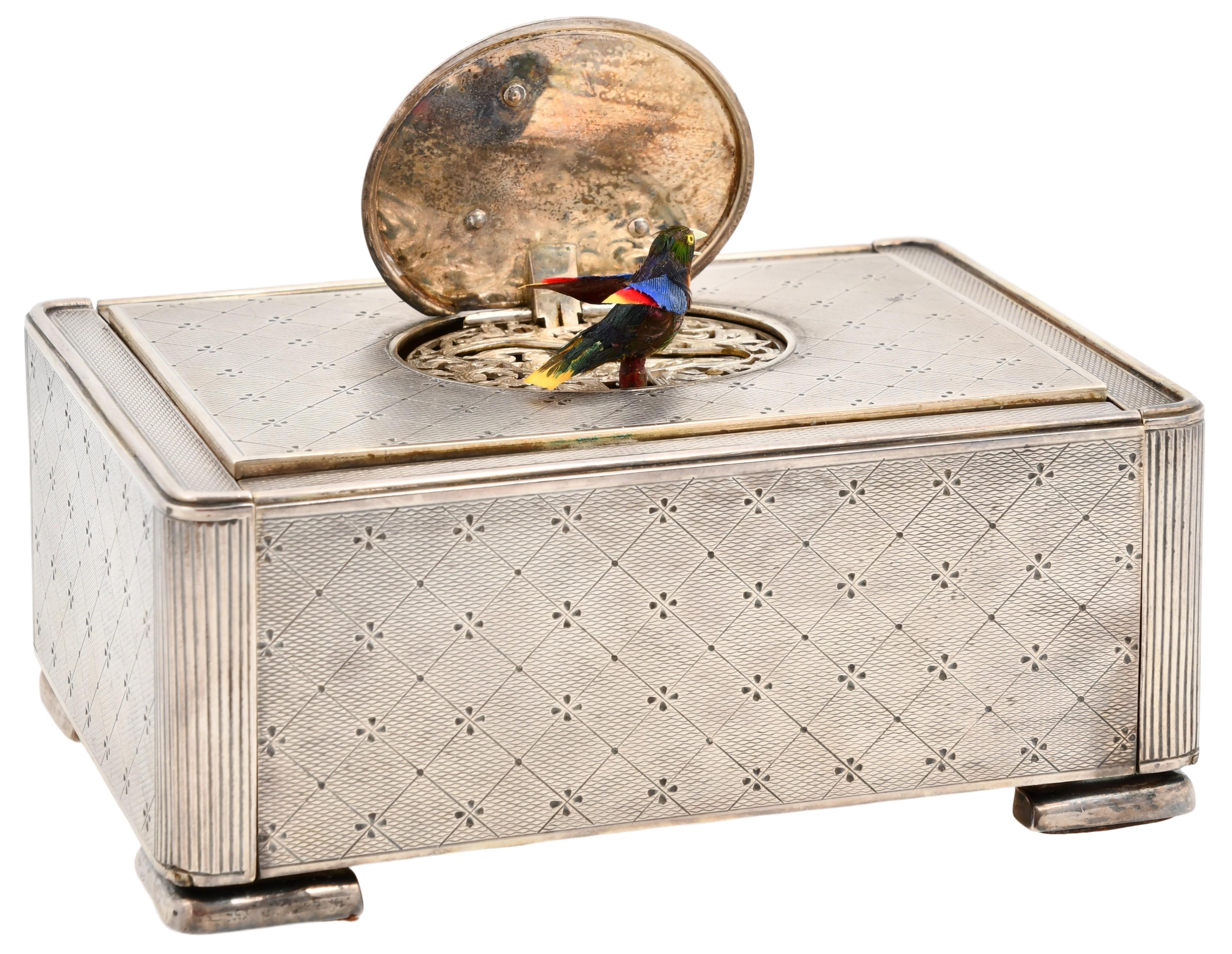 Artwork by Karl Griesbaum, Automaton Singing Bird Box, Made of silvered metal