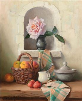 Pink Rose, Wicker Fruit Basket, Tureen, Cup and Cloth - Robert Chailloux
