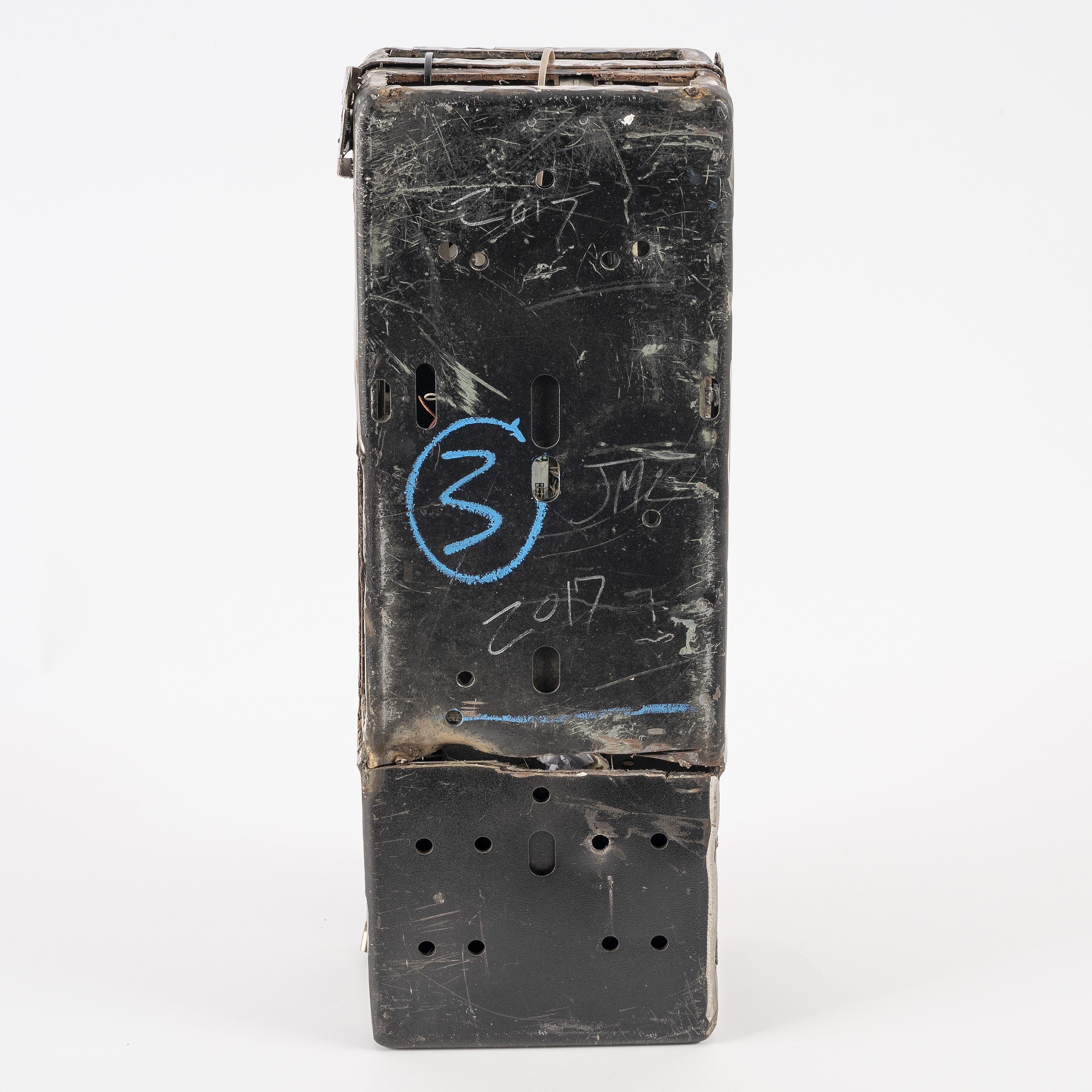 Artwork by Jason Matthew Lee, BFP:time791-7414, Made of hardrive magnets, animal trap, on cut and welded payphones
