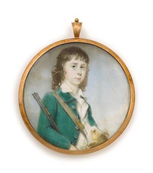 Portrait of a young boy, seen holding a gun and with his dog by Jeremiah Meyer, circa 1770