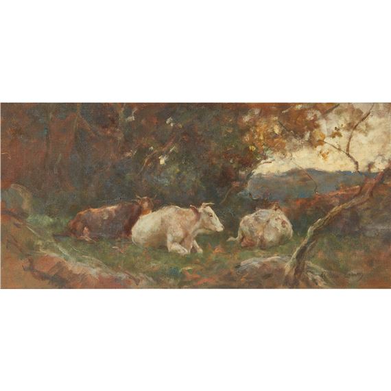 CATTLE RESTING IN A WOODED LANDSCAPE, EVENING by Arthur Lemon