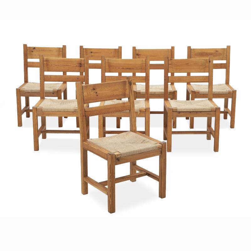 Artwork by Tage Poulsen, Set of eight chairs of solid pine wood, Made of pine wood, papercord