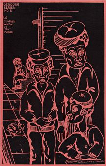 A graphic print of three figures in sailor-like uniforms with exaggerated facial features against a stark black background.