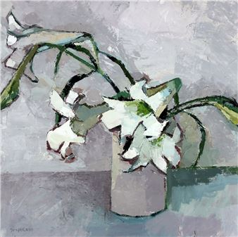 A still life painting of white flowers in a vase against a muted grey background.