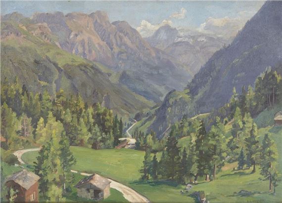 Chalet and a path through the mountains in Switzerland by Beatrice Langdon