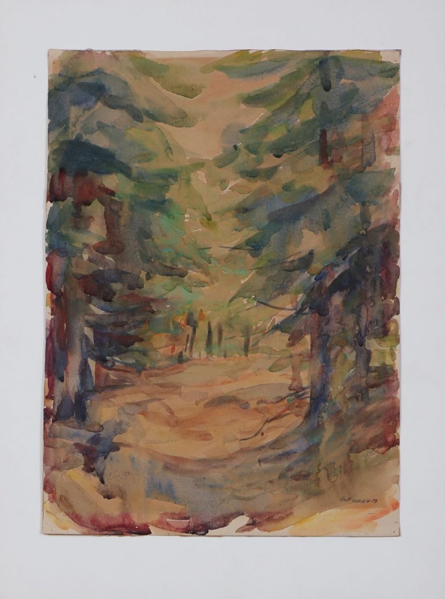 Artwork by Johannes Poppen, Tannengesäumte Waldlandschaft, Made of Watercolor on laid paper