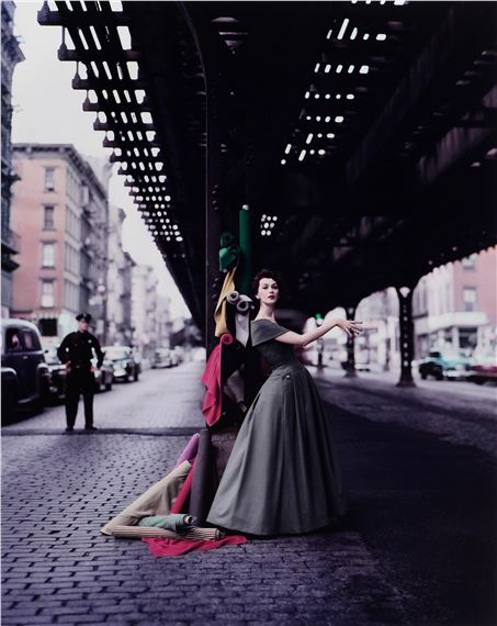 Dovima Under the El, "Dior Creates Cosmopolitan Drama", for Douglas Simon , 1956 by William Helburn, 1956