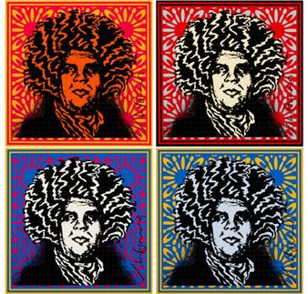 A four-panel pop art portrait featuring a figure with an afro hairstyle against vibrant, patterned backgrounds.