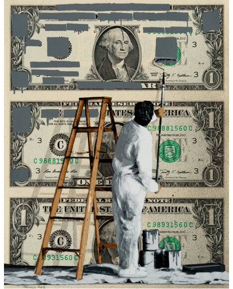 Artwork by Penny, Redacted, Made of Spray paint and stencil on three dollar bills