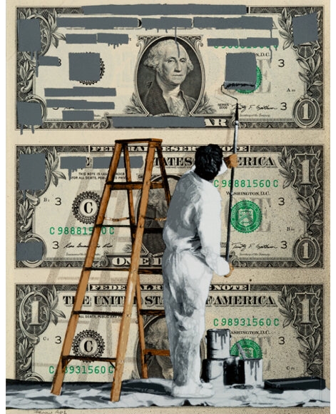 Artwork by Penny, Redacted, Made of Spray paint and stencil on three dollar bills