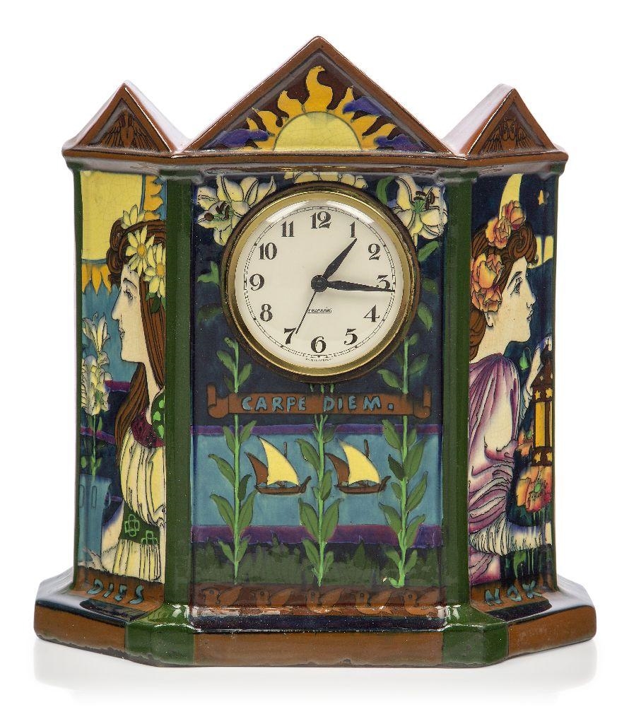 Artwork by Frederick Alfred Rhead, a Foley Intarsio 'Night and Day' Earthenware Mantel clock, Made of printed pottery