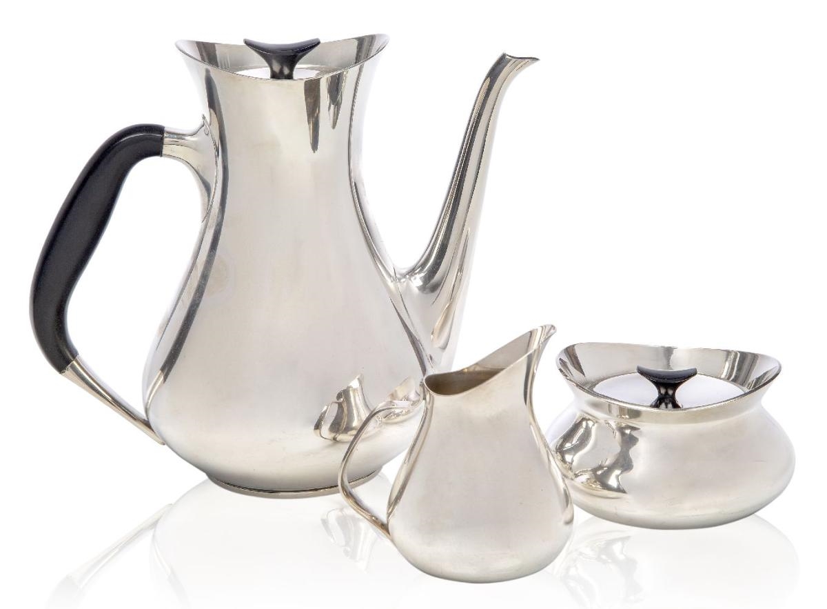 Artwork by Hans Bunde, a three piece silver plate coffee service for Cohr, Made of silver