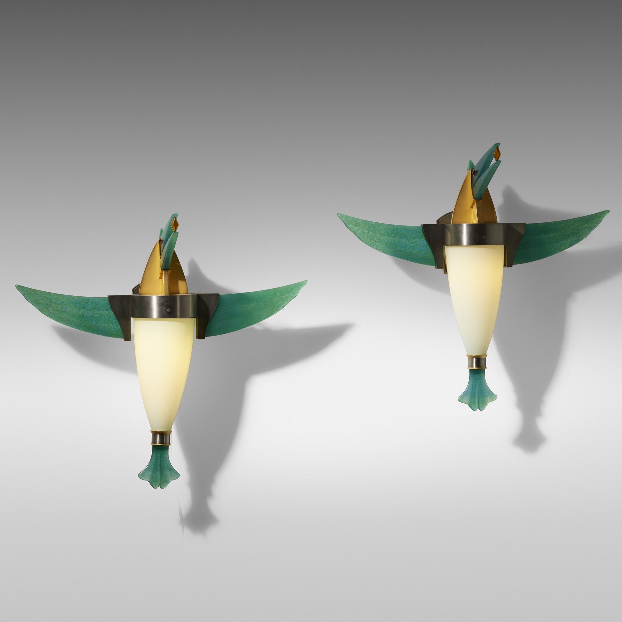 Artwork by Dan Dailey, Birds with Topaz sconces, pair, Made of blown glass, nickel and gold