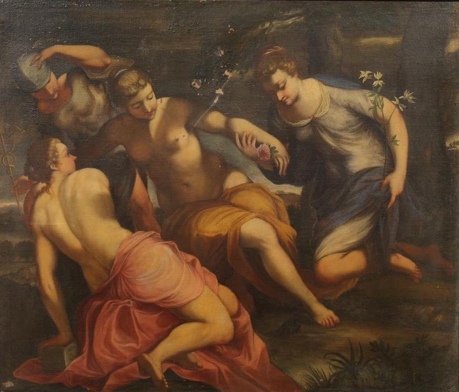 Artwork by Jacopo Tintoretto, THE THREE GRACES AND MERCURY, Made of oil on canvas