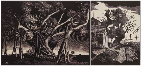 A diptych of woodcut-style prints featuring gnarled trees and rural landscapes.