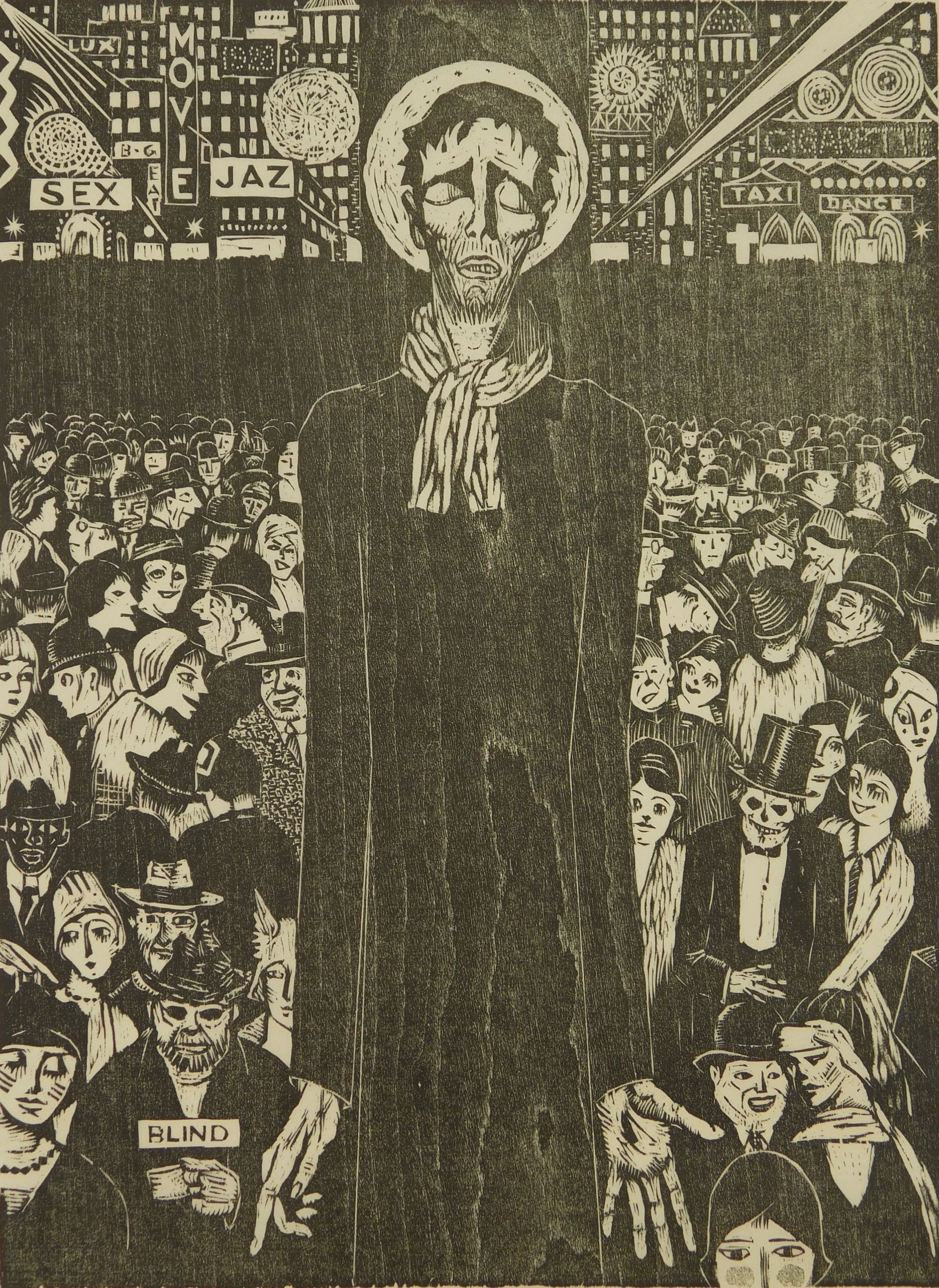 Artwork by Benjamin Miller, 1964) "The City'', Made of woodblock