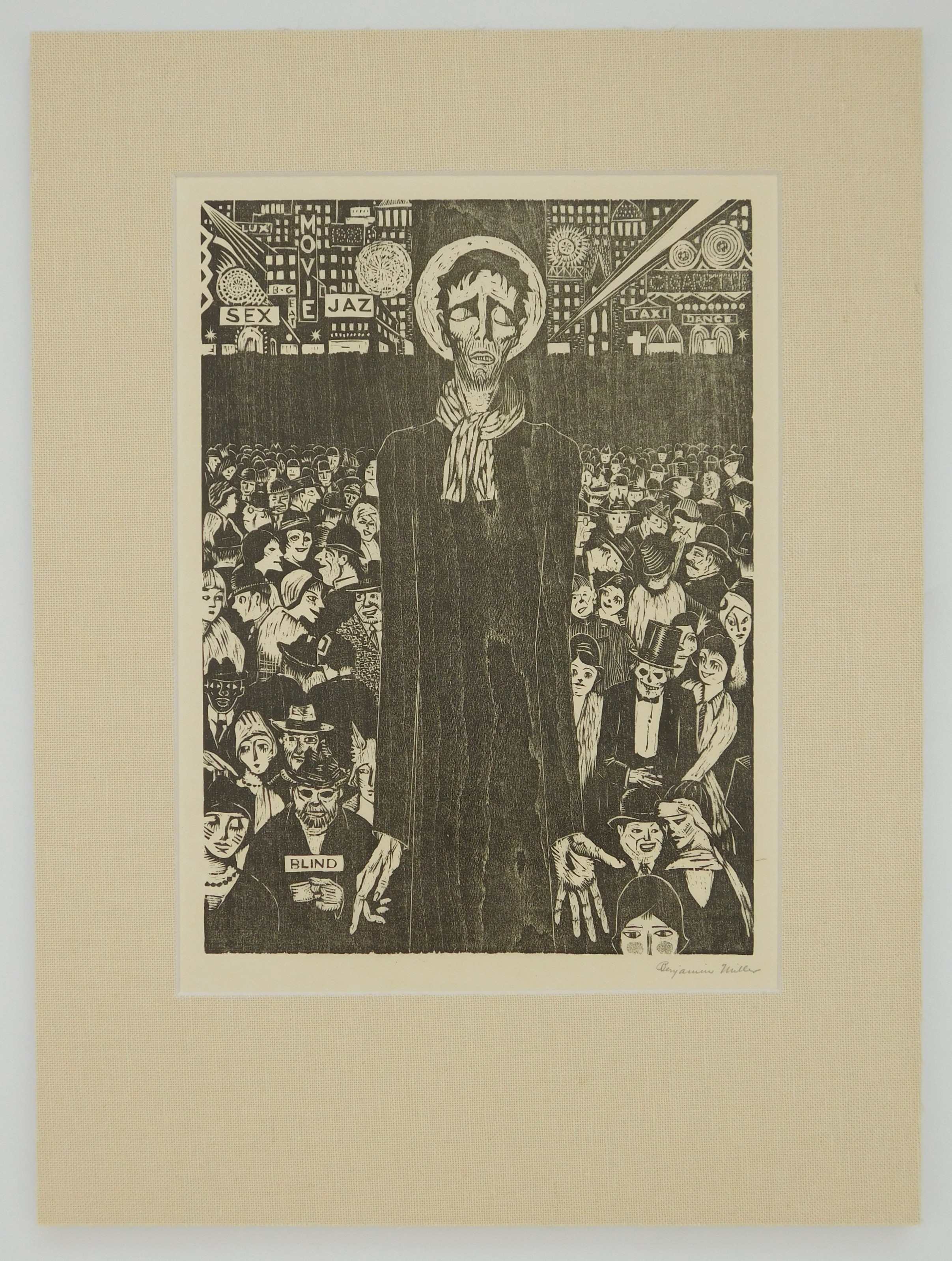 Artwork by Benjamin Miller, 1964) "The City'', Made of woodblock