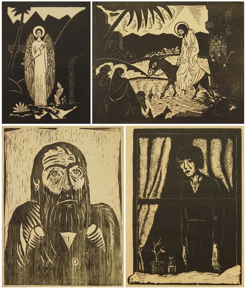 A four-panel woodcut collage depicting religious and domestic scenes with stark black-and-white contrast.