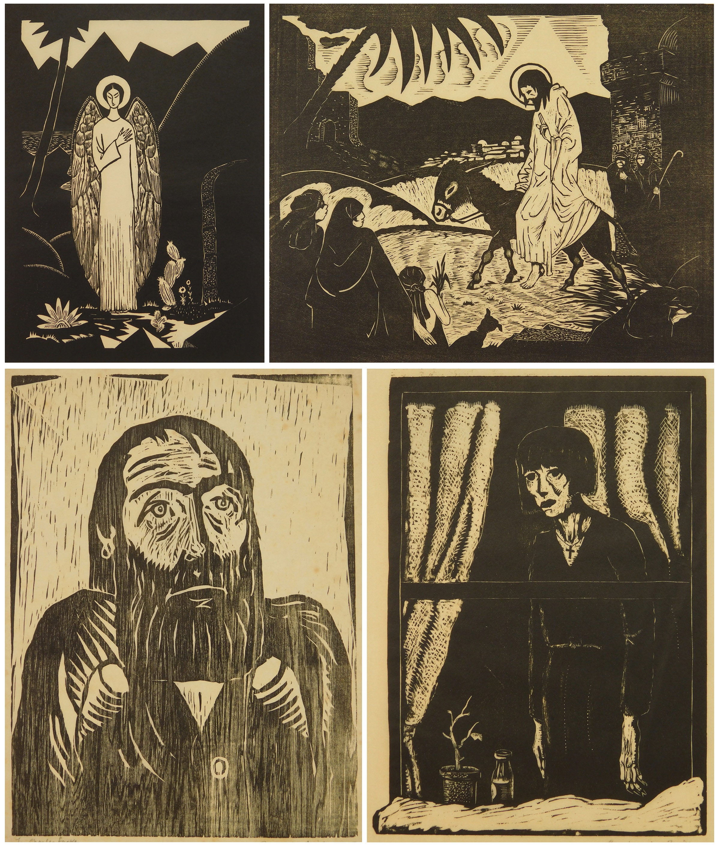 A four-panel woodcut collage depicting religious and domestic scenes with stark black-and-white contrast.