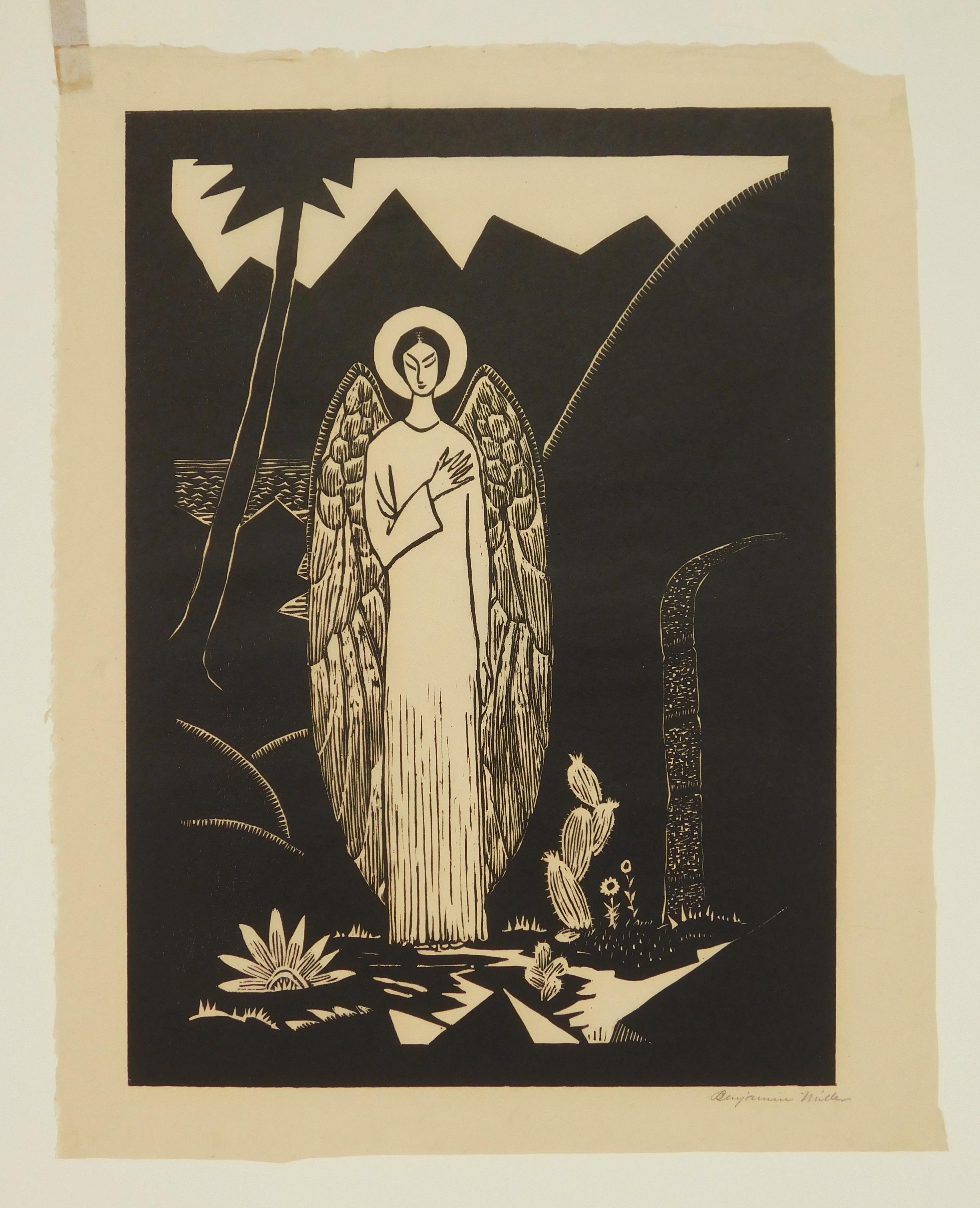 A four-panel woodcut collage depicting religious and domestic scenes with stark black-and-white contrast.