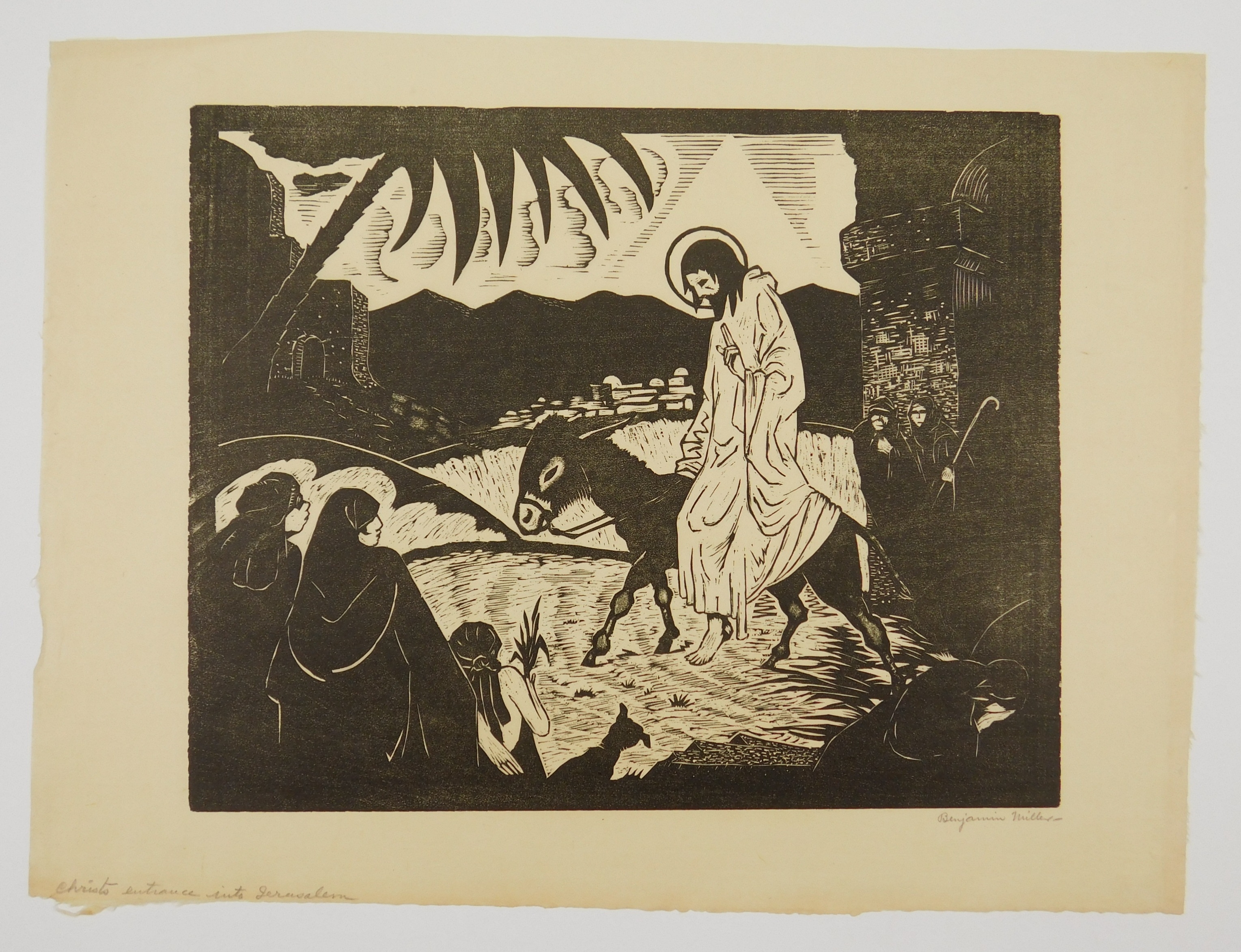 A four-panel woodcut collage depicting religious and domestic scenes with stark black-and-white contrast.