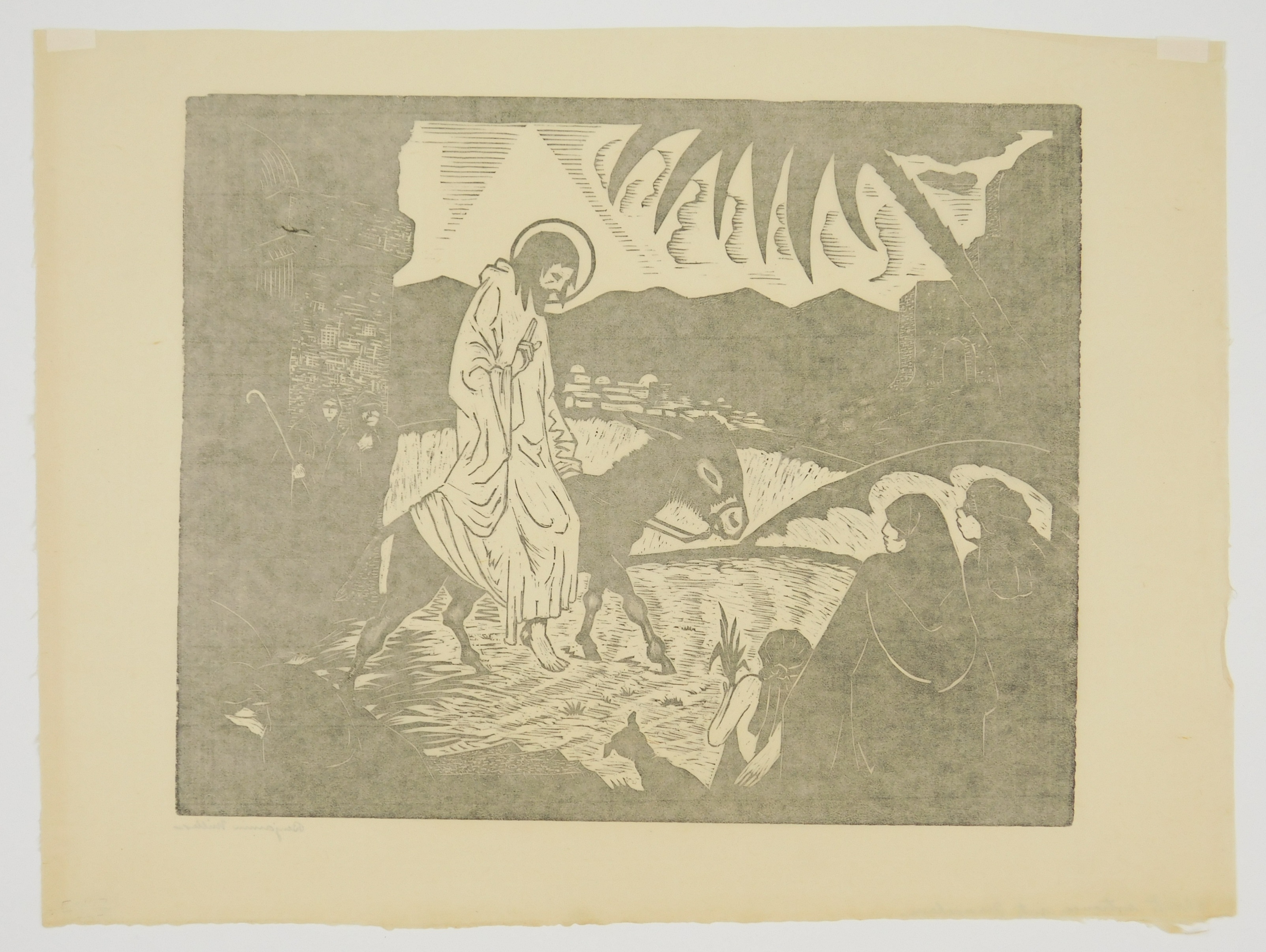 A four-panel woodcut collage depicting religious and domestic scenes with stark black-and-white contrast.