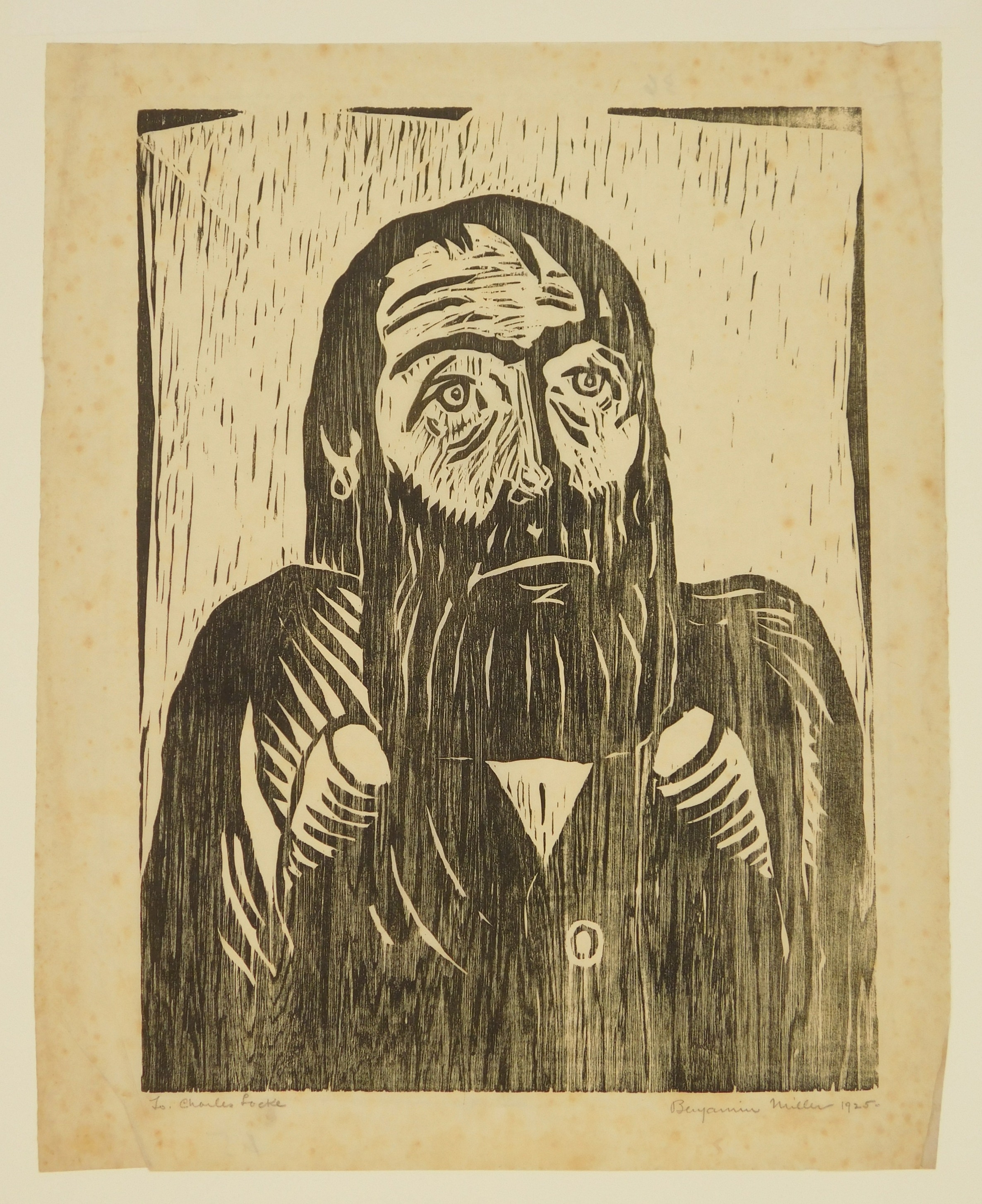 A four-panel woodcut collage depicting religious and domestic scenes with stark black-and-white contrast.